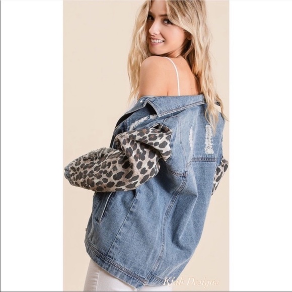 🌺LAST1️⃣🌺New Distressed Denim Jacket Button Down Front & Leopard Print Sleeves - Picture 9 of 11